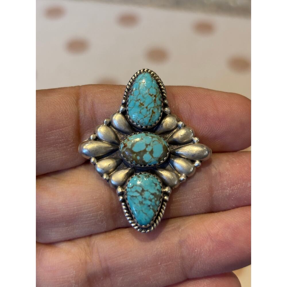 Number 8 Turquoise Three Stone Crawler Ring Sterling Silver - Picture 4 of 8